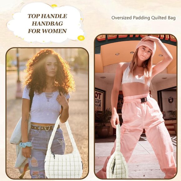 Women's Khaki Lightweight Cotton Puffy Quilted Hobo Bag Retro Soft Shoulder Bag - Picture 6 of 7